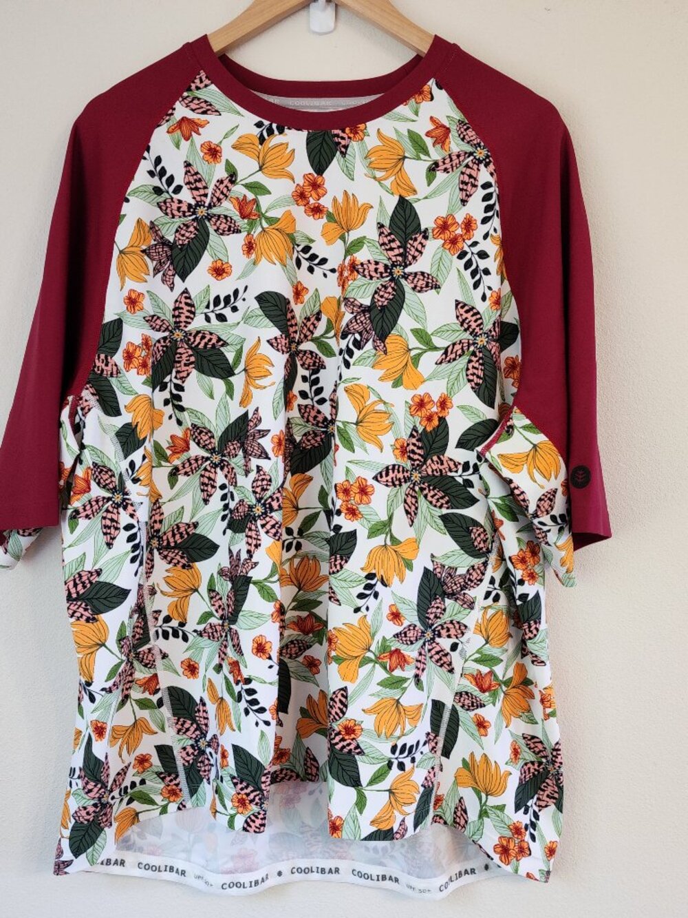 Coolibar Maroon Floral Swim Shirt Hightide Women 2XL UPF 50+ Short Slv Pocket